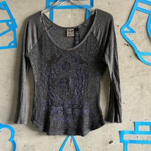 Harley Davidson Open Knit Scoop Neck Baseball Glitter Graphic Tee